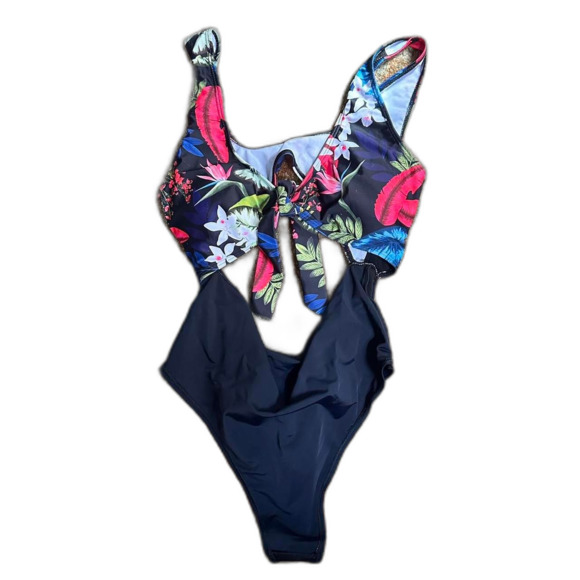 Black floral one piece swimsuit with tie front and high cut bottoms - Picture 1 of 4